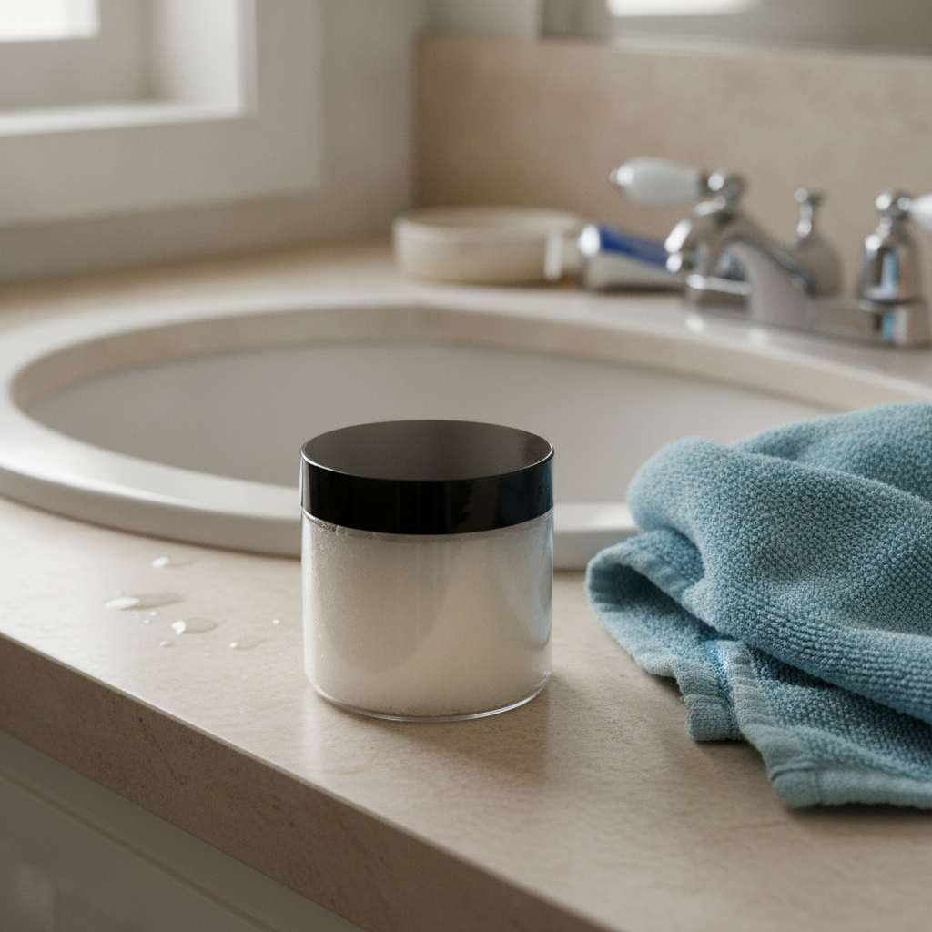 Unscented Raw Sugar Scrub on a bathroom counter beside a folded blue towel and bathtub.