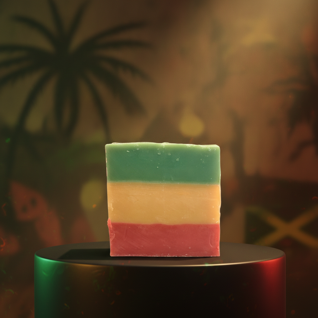 Rasta Roots Soap on a dark pedestal with warm green, gold, and red lighting and tropical silhouettes