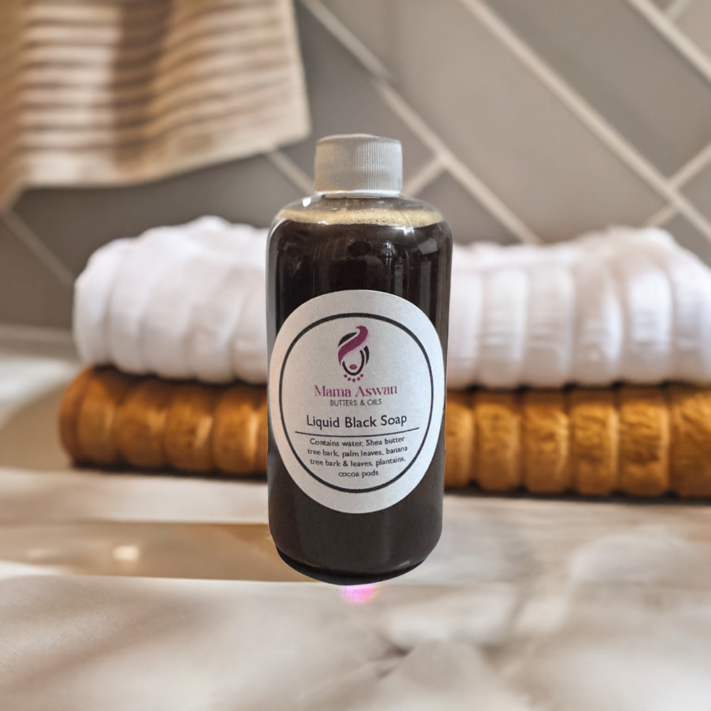 Natural ingredients used in Mama Aswan’s Liquid Black Soap, including plantain skins and cocoa pods