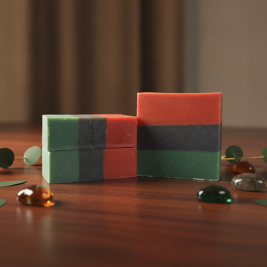 Several Liberation Lather soap bars arranged on warm wood with amber-colored decorative accents