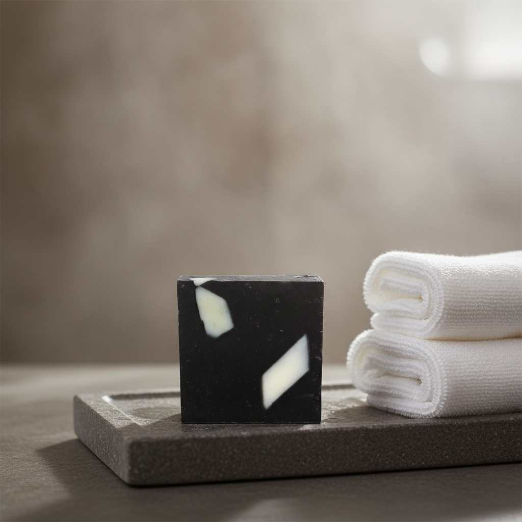 Charcoal Aloe Soap Bar on a gray tray beside folded white towels in a bathroom setting.