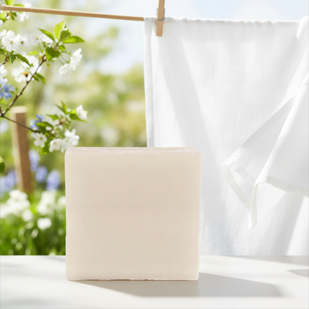 Cotton Blossom Soap Bar in front of a white sheet hanging on a clothesline with bright outdoor greenery.