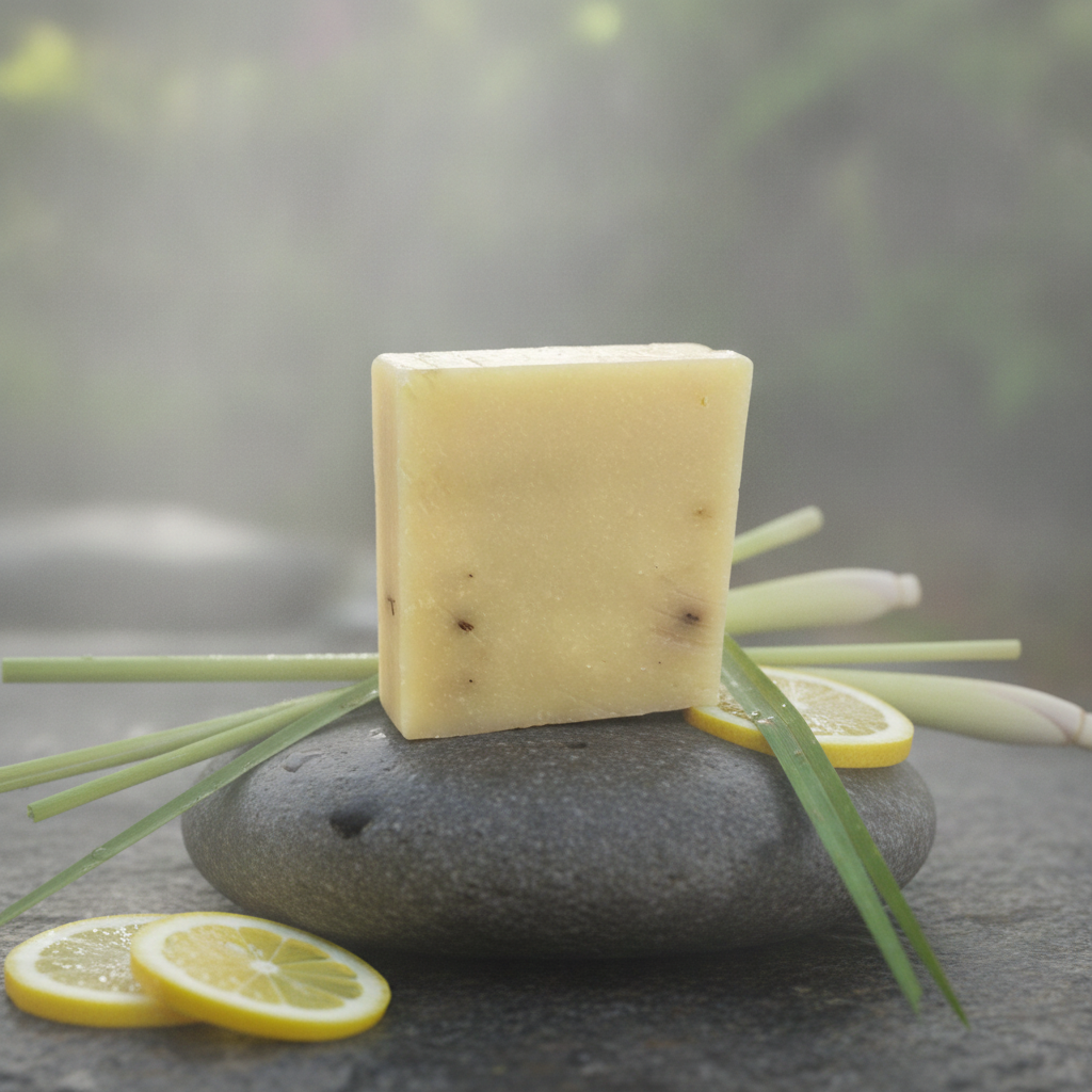 Lemongrass Soap Bar on a smooth stone with lemon slices and lemongrass stalks.