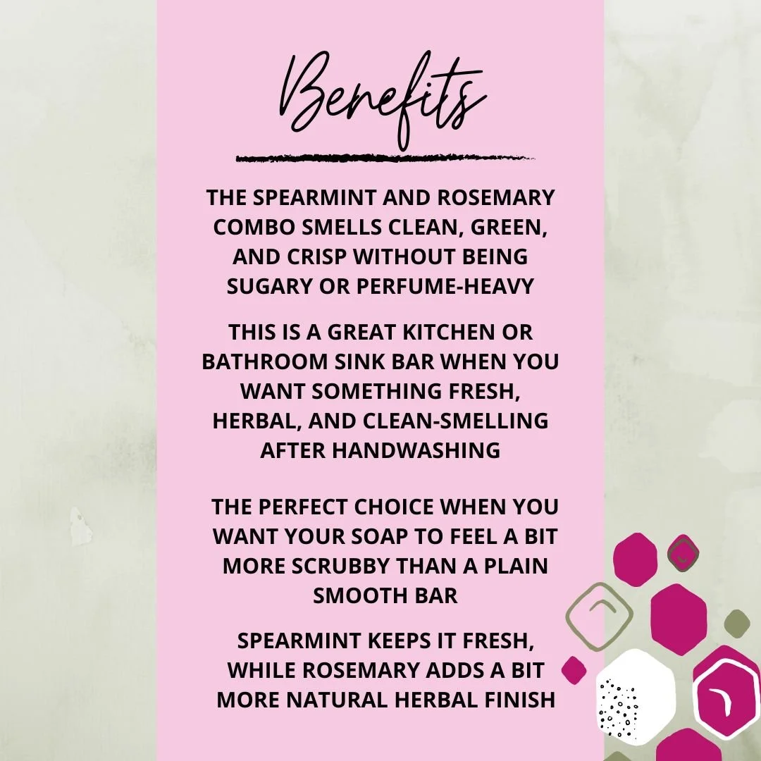 Benefits graphic for Spearmint Rosemary Soap Bar highlighting its clean herbal scent, kitchen sink appeal, light scrubby feel, and fresh mint rosemary finish.