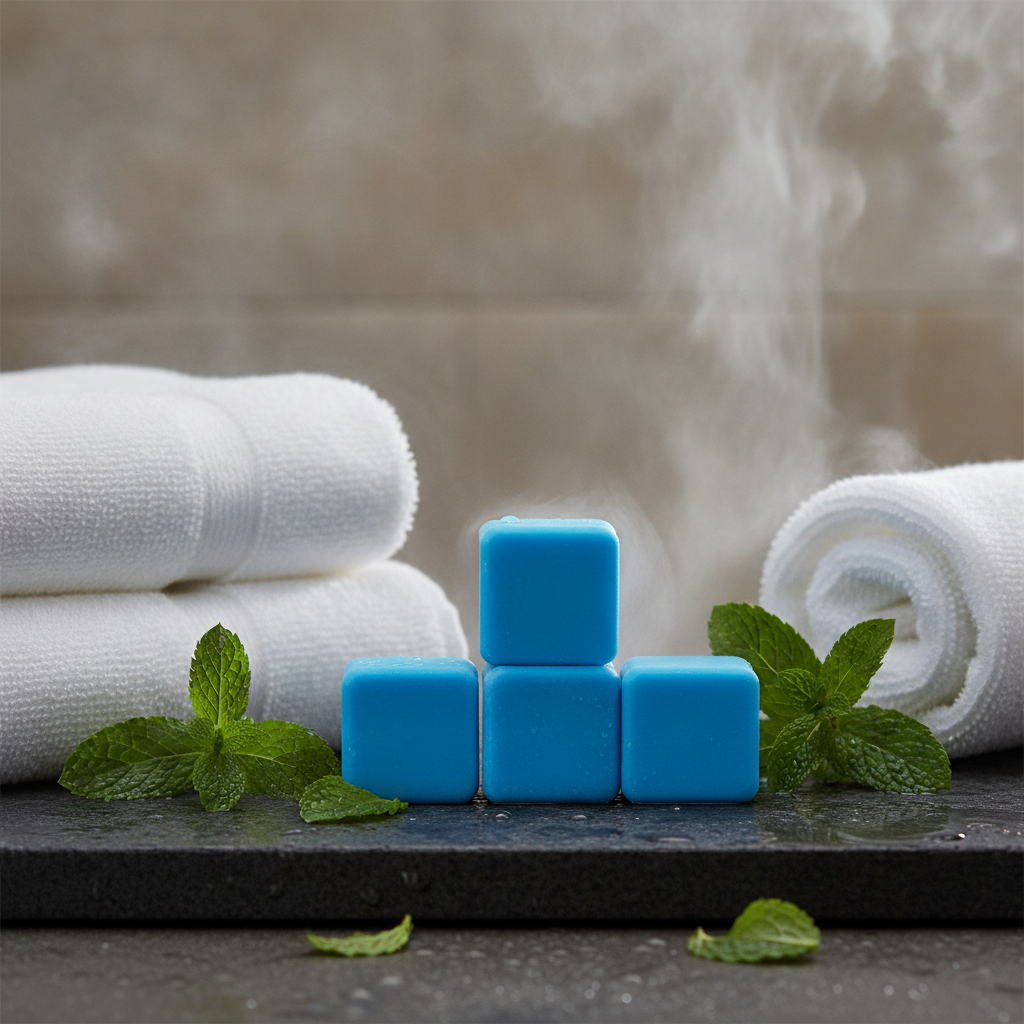 Blue Stress Relief Shower Steamers stacked beside rolled white towels, mint leaves, and shower steam.