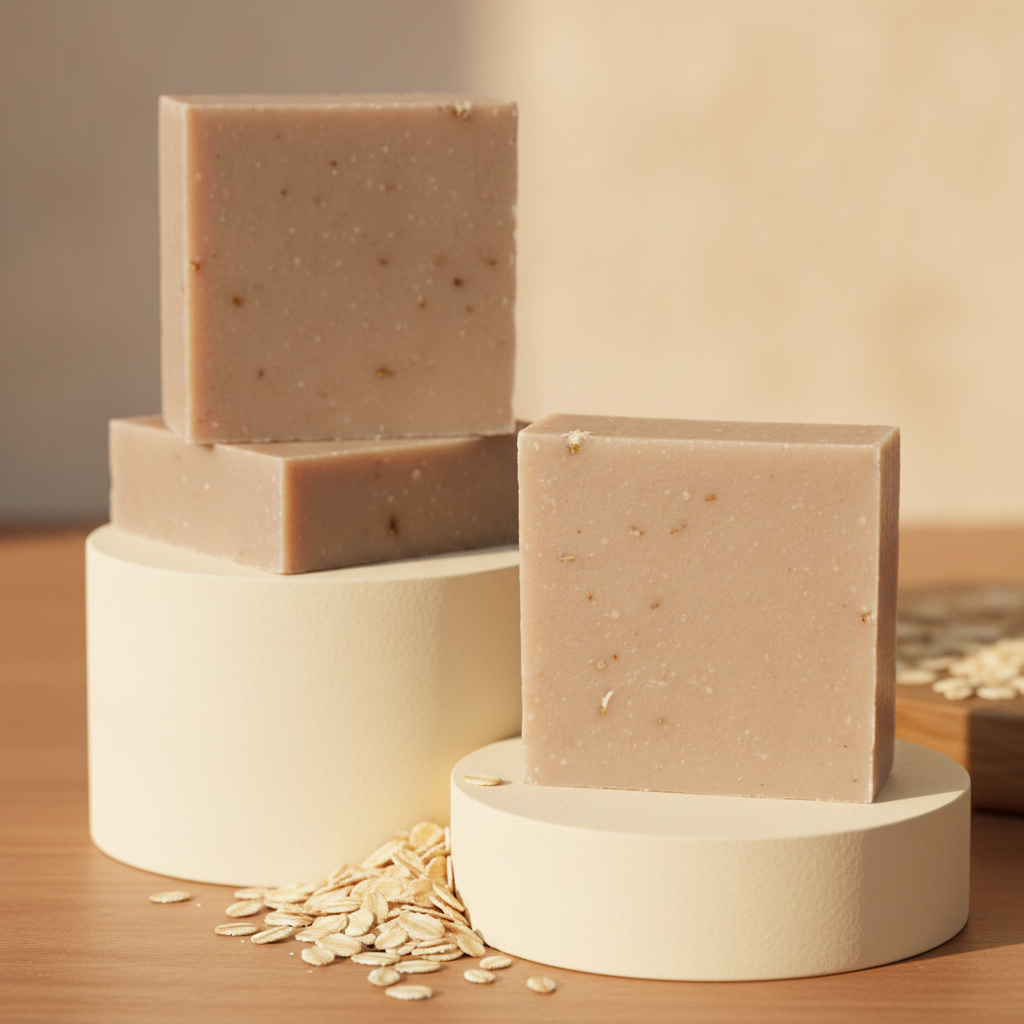 Oatmeal Milk & Honey Soap Bars displayed on cream pedestals with oats around the base.