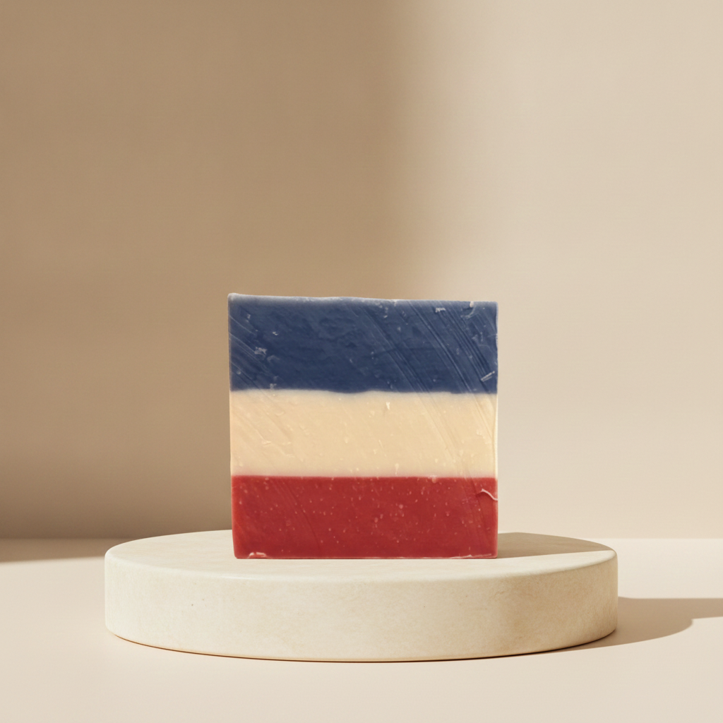 No Longer Bound red, white, and blue striped handmade soap displayed on a cream pedestal against a warm neutral background.