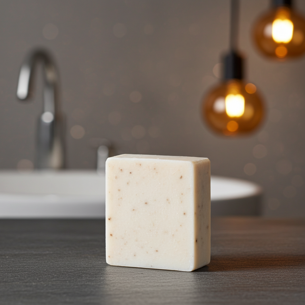 A bathroom lifestyle image of Unscented Goat’s Milk Facial Soap from The White Line by Mama Aswan styled near a sink for an easy, everyday facial care feel.