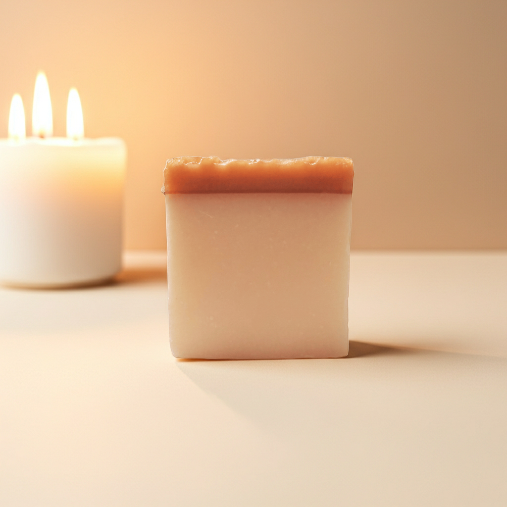 Honey Child soap bar with softly glowing candles in the background for a cozy, spa-like vibe.