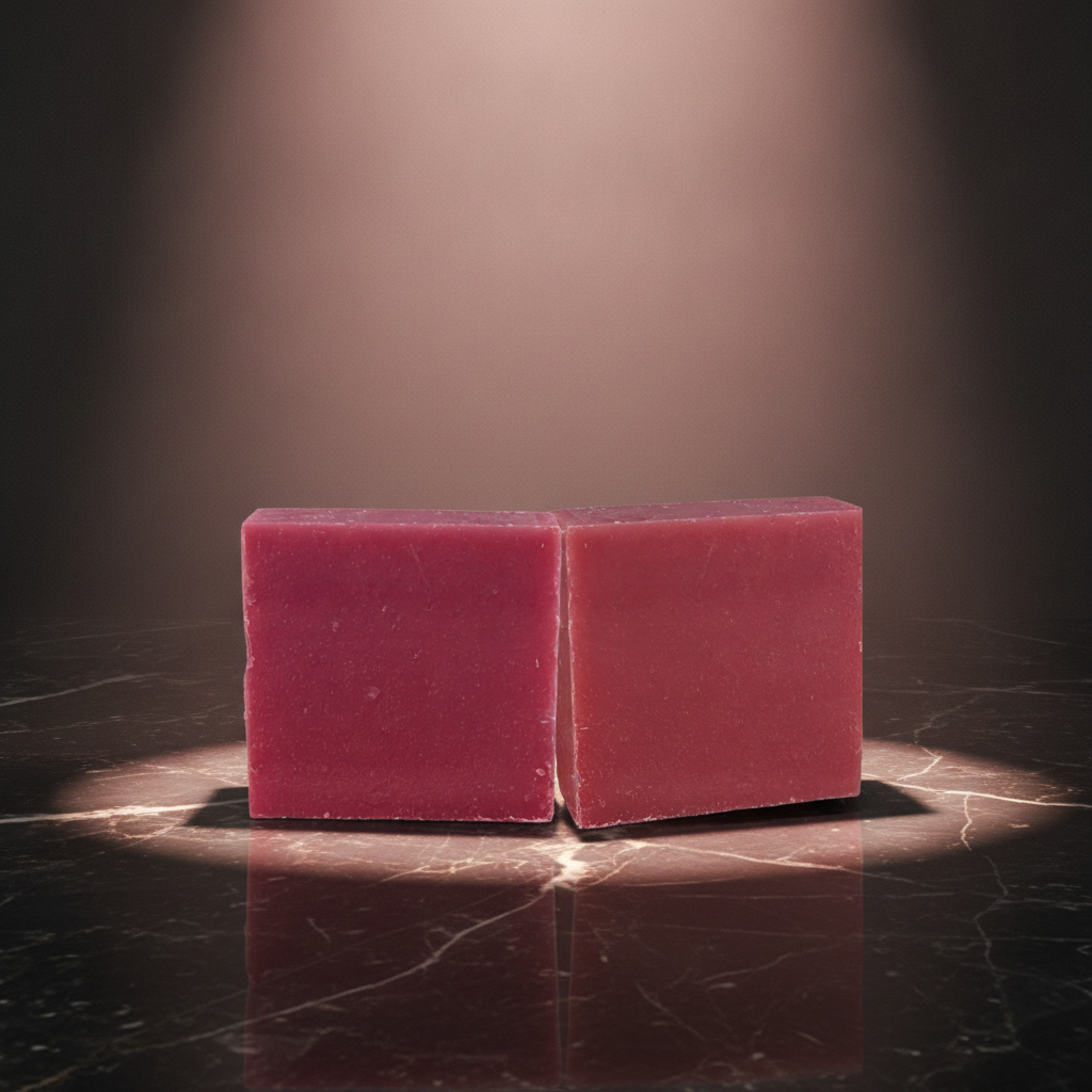 Baby Powder Soap Bars displayed on a dark marble surface with soft pink lighting.