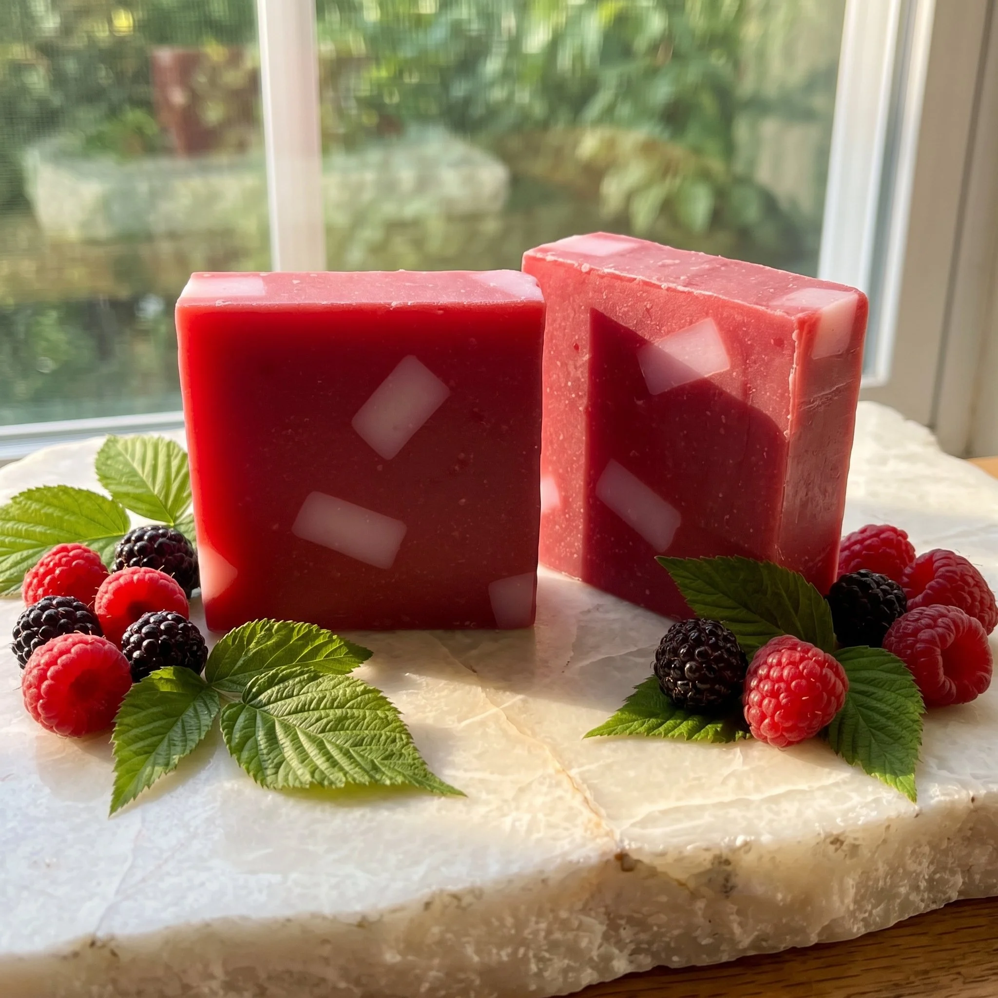 Raspberry Rush Soap Bars displayed with raspberries, blackberries, and mint leaves on a stone surface.