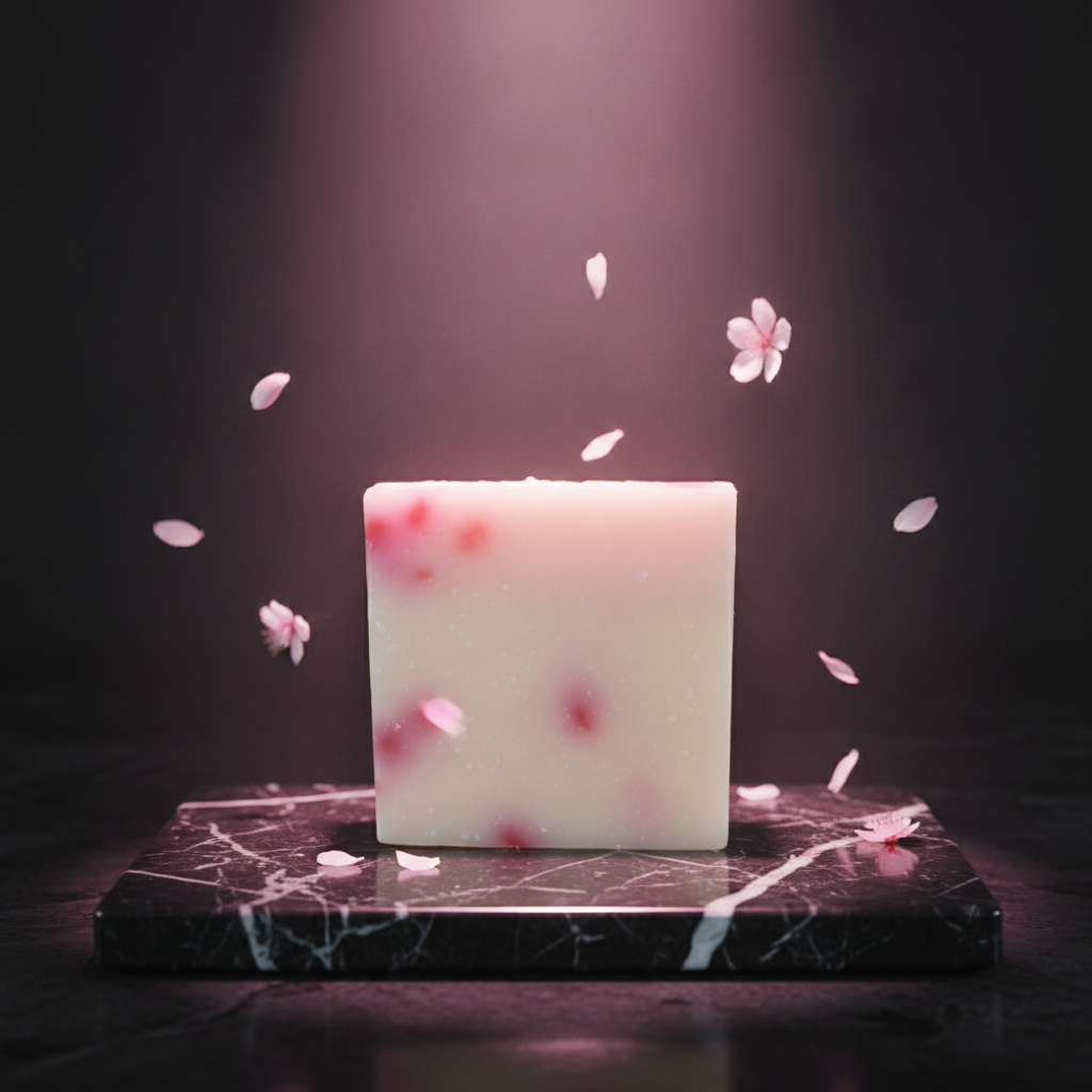 Asian Tea Blossom Soap Bar on a dark marble surface with falling pink petals and dramatic lighting.