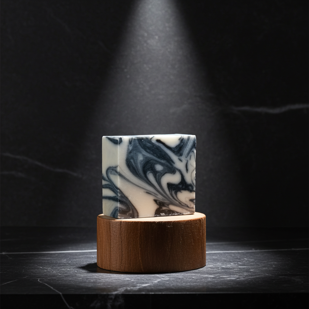 Sapeur Swagger soap bar in a focused overhead spotlight with a bold black-and-cream charcoal swirl design