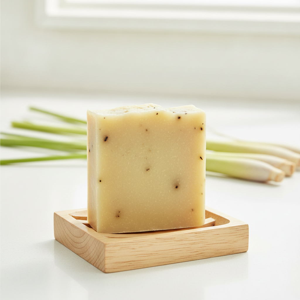 Lemongrass Soap Bar in a wooden soap dish beside fresh lemongrass stalks in a bright bathroom setting.