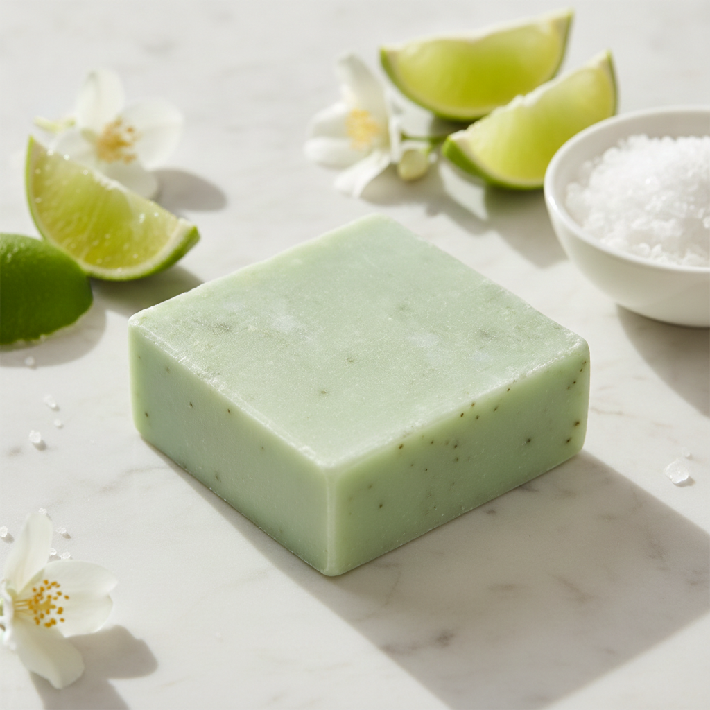 Jasmine Lime Scrub Soap Bar on a marble surface with lime wedges, jasmine flowers, and a small bowl of sea salt.