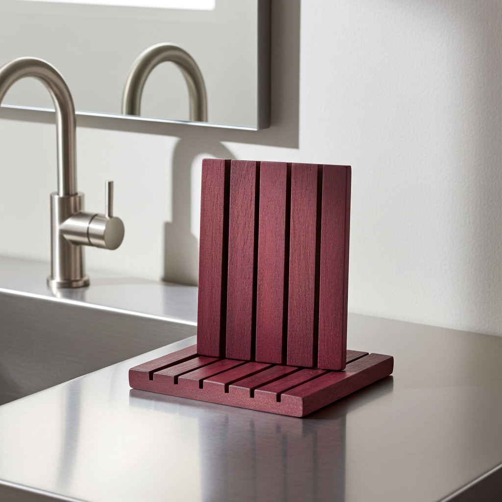 Two Square Edge Purple Heart wood soap dishes on a stainless steel counter, one standing upright and one lying flat in front of a modern faucet and mirror.