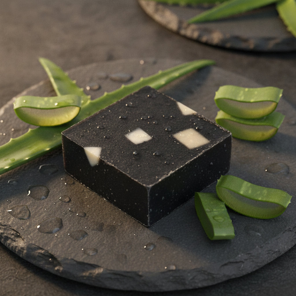 Charcoal Aloe Soap Bar on a dark stone surface with aloe pieces and water droplets.