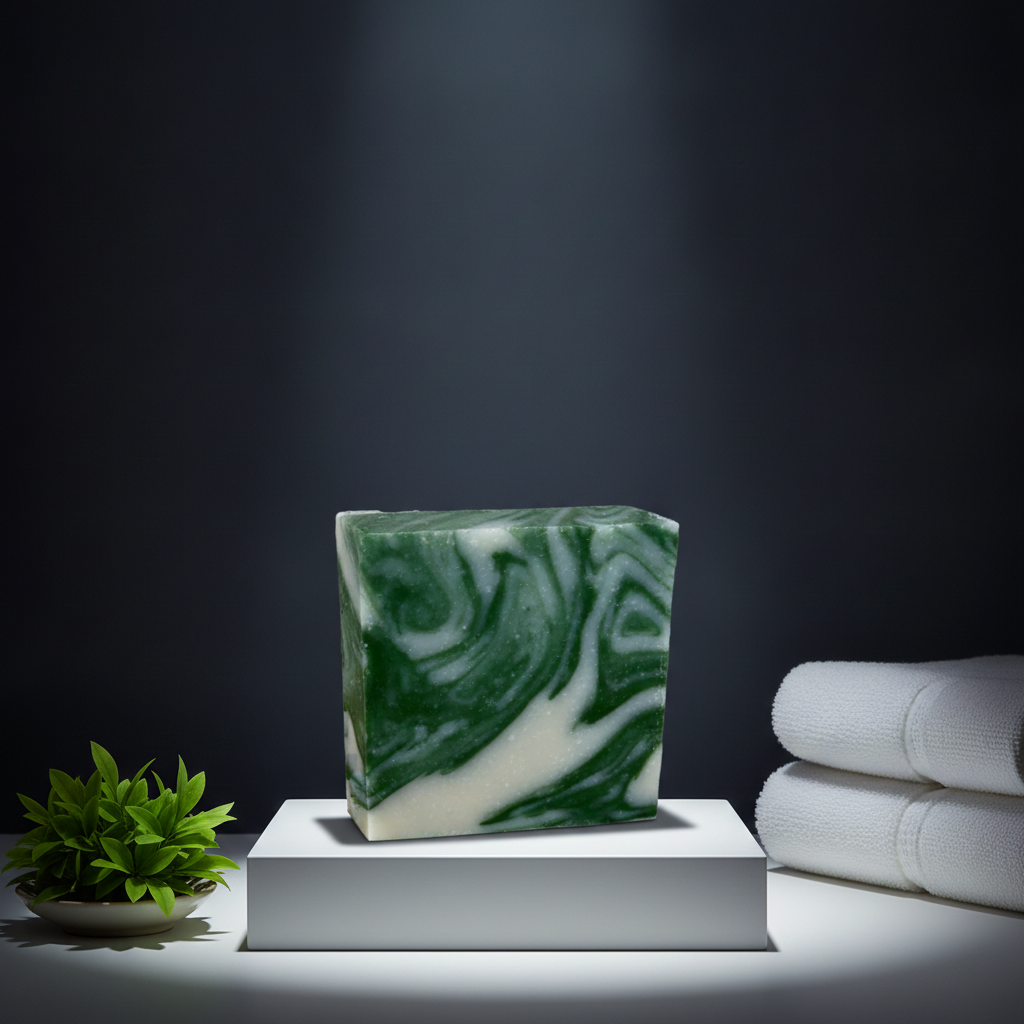 Cucumber Melon Soap Bar displayed on a white pedestal beside folded towels and a small green plant.