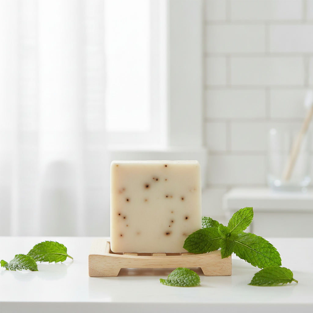Peppermint Soap Bar on a wooden soap dish with fresh mint leaves in a bright bathroom setting.