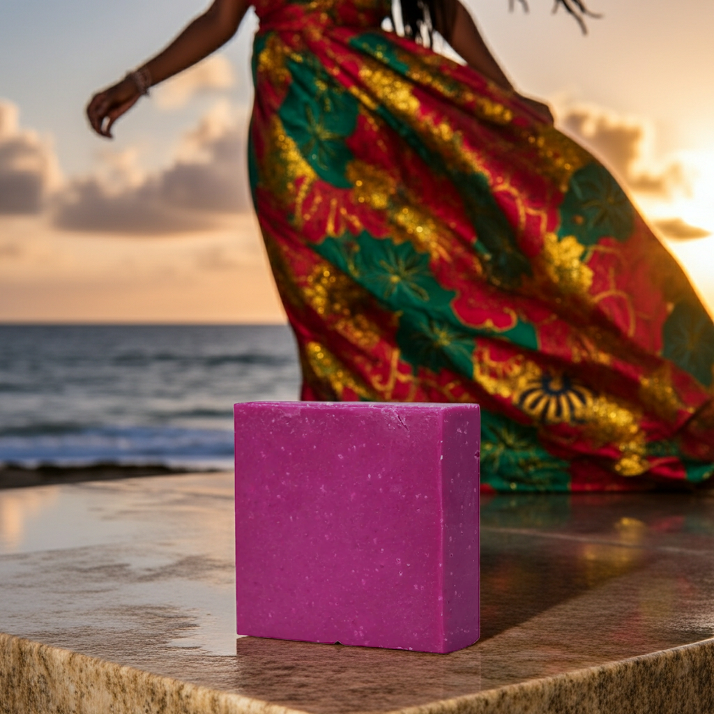 Sun-Kissed Empress soap bar styled by the water with colorful flowing fabric in a regal tropical setting