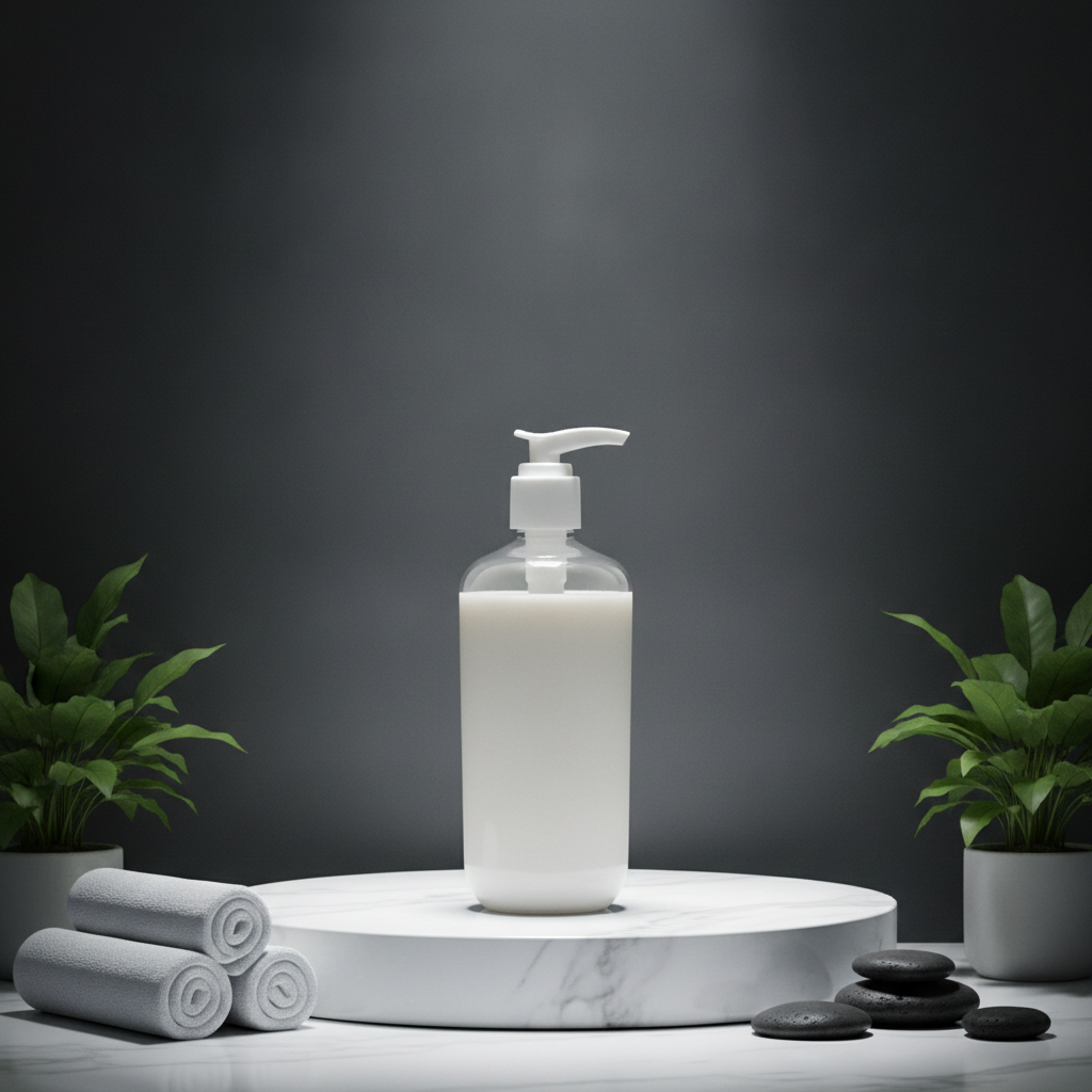 Sensitive Skin Natural Body Wash on a white pedestal with rolled towels, plants, and dark spa-inspired lighting.