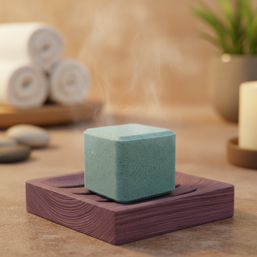 Blue square shower steamer on a wooden tray with steam, candles, towels, and spa decor in the background.