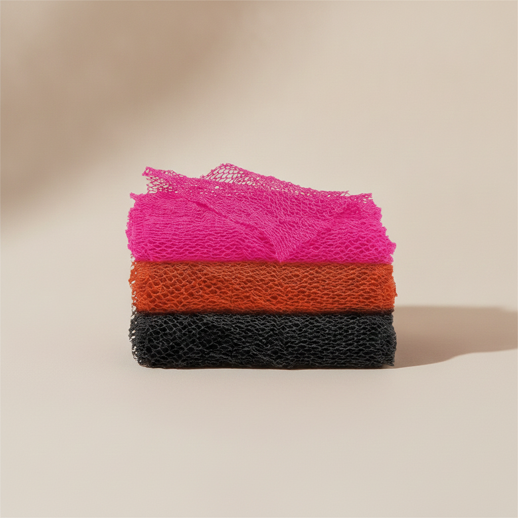 Pink, orange, and black African Sapo Sponges folded on a warm neutral background