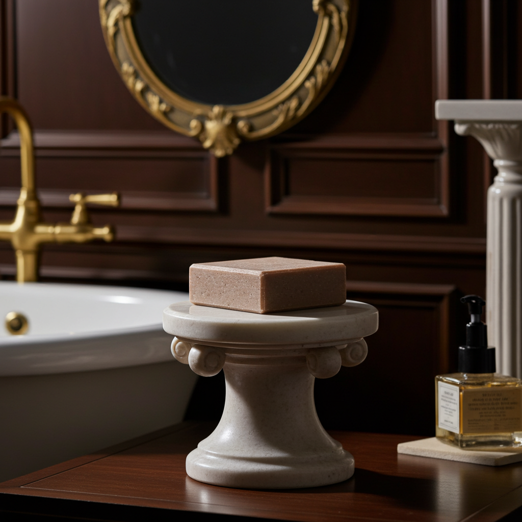 Osei Gold handmade soap bar styled on a pedestal in an elegant bathroom with gold accents and a vintage mirror