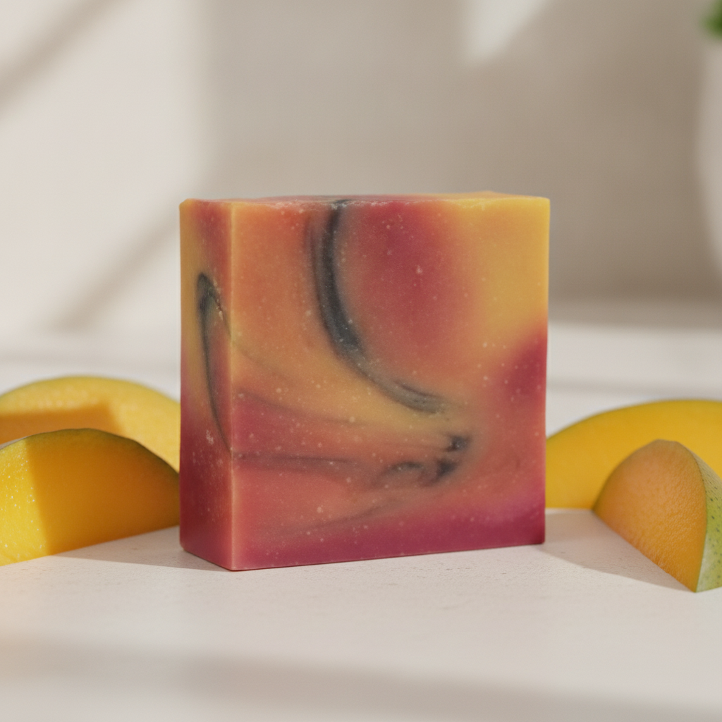 Mango Delight Soap Bar displayed with mango slices and soft warm bathroom lighting.