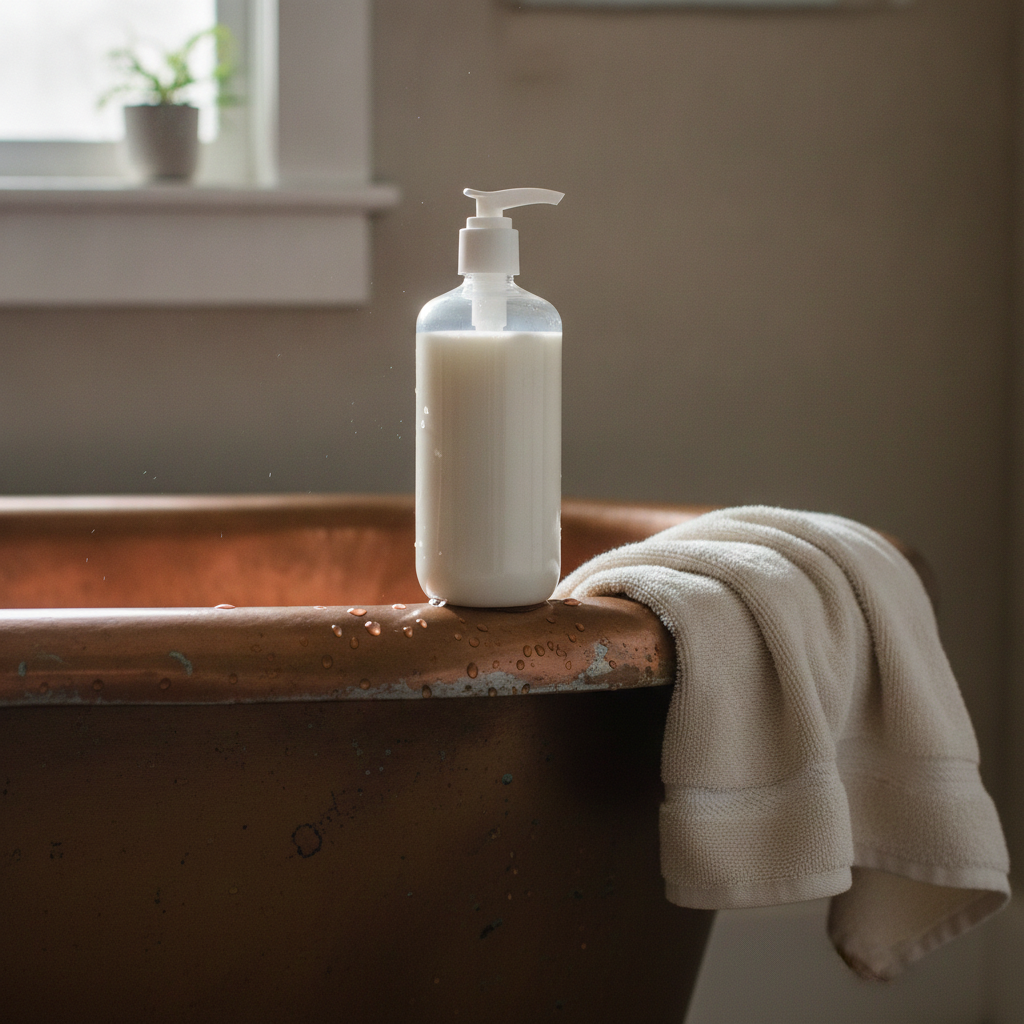 Sensitive Skin Natural Body Wash on a rustic bathtub ledge beside a folded beige towel.