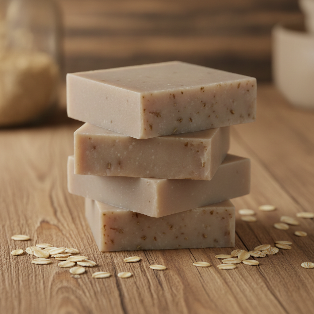 Stacked Oatmeal Milk & Honey Soap Bars on a wooden surface with scattered oats.