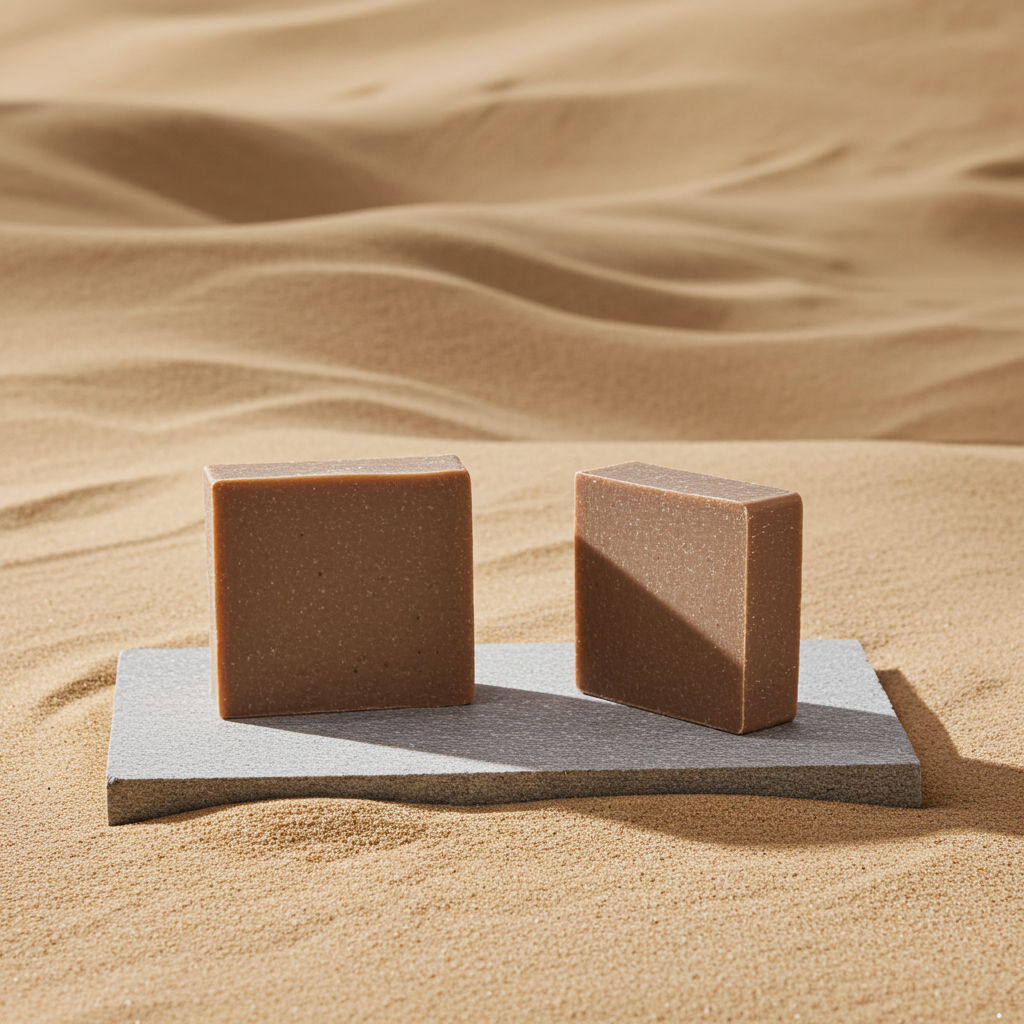 Osei Gold handmade soap bars styled on a stone slab against a warm sand backdrop with a golden earthy feel