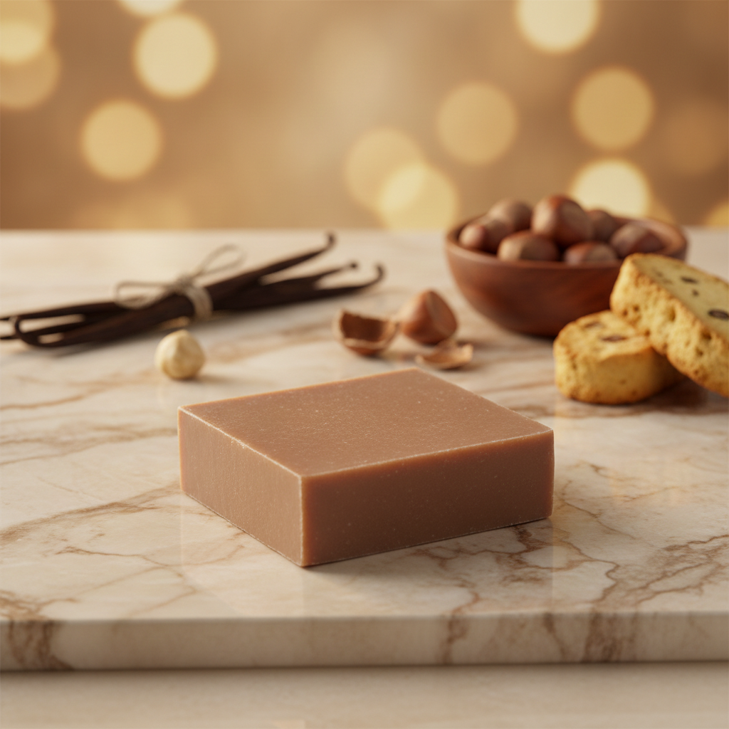 French Vanilla Biscotti Soap Bar on a marble surface with vanilla beans, hazelnuts, and biscotti.