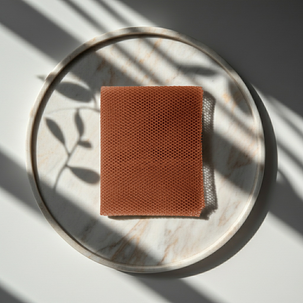 Long Body Scrubber on a marble tray, highlighting its textured surface, quick-drying material, and spa-style presentation.