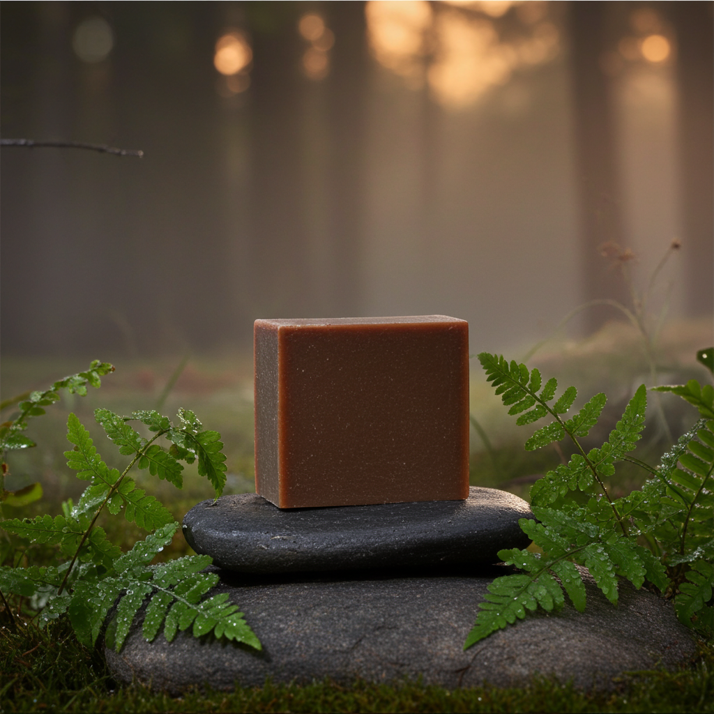 Queen Nandi exfoliating oatmeal soap bar with earthy amber vanilla musk in a natural stone setting