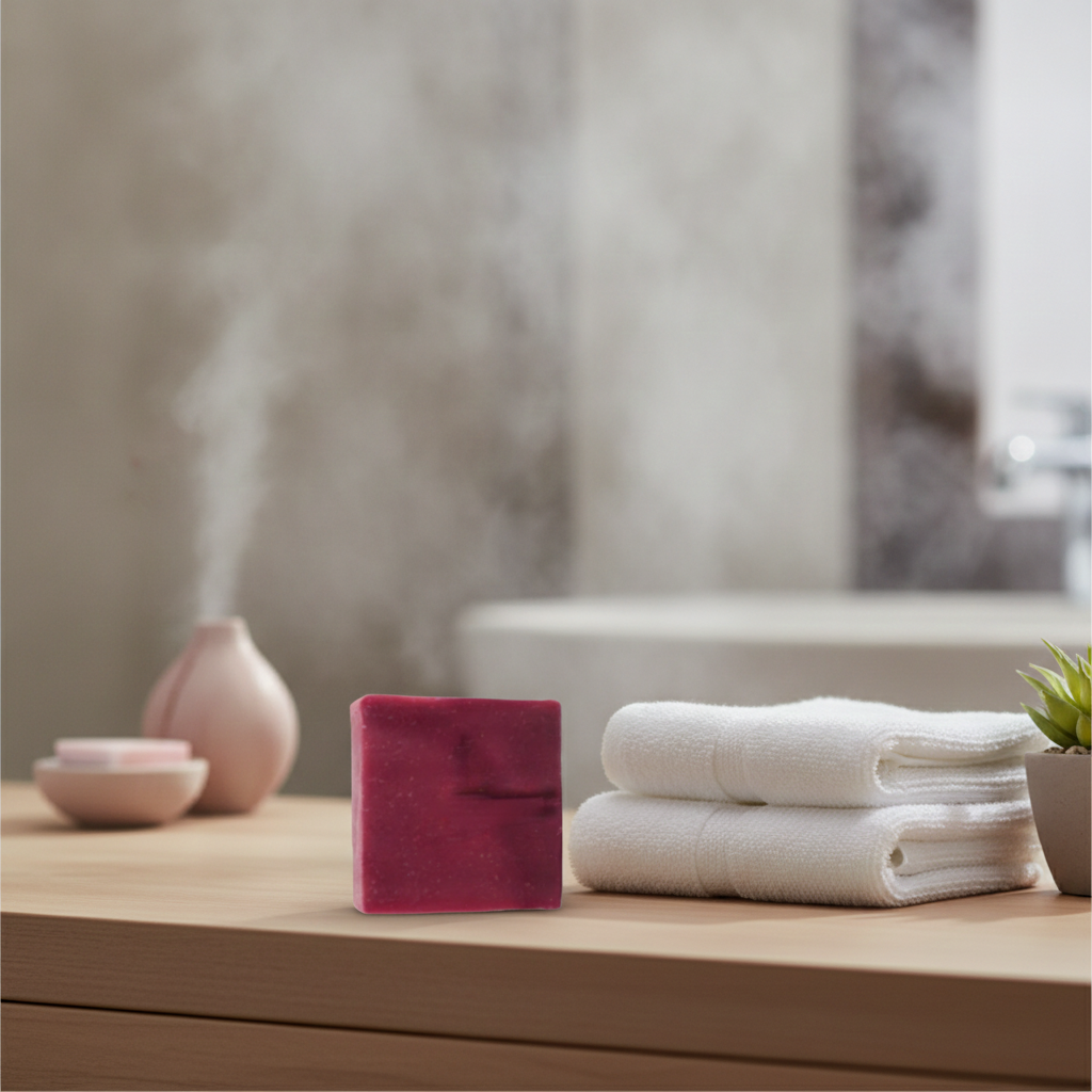 Raspberry Mint Soap Bar on a bathroom counter beside folded white towels and soft steam.