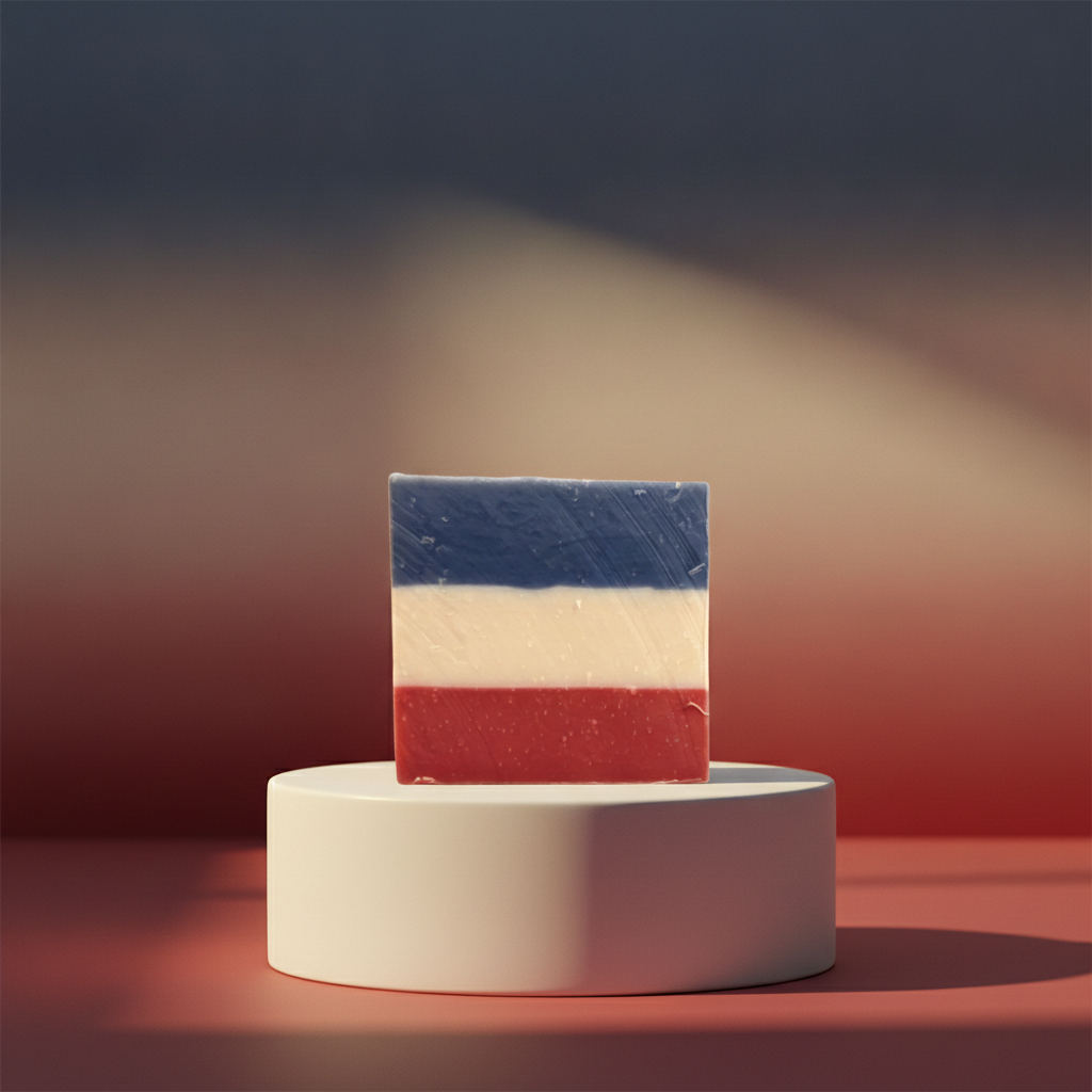 Single No Longer Bound vegan soap bar on a white pedestal with a softly blurred red and blue background