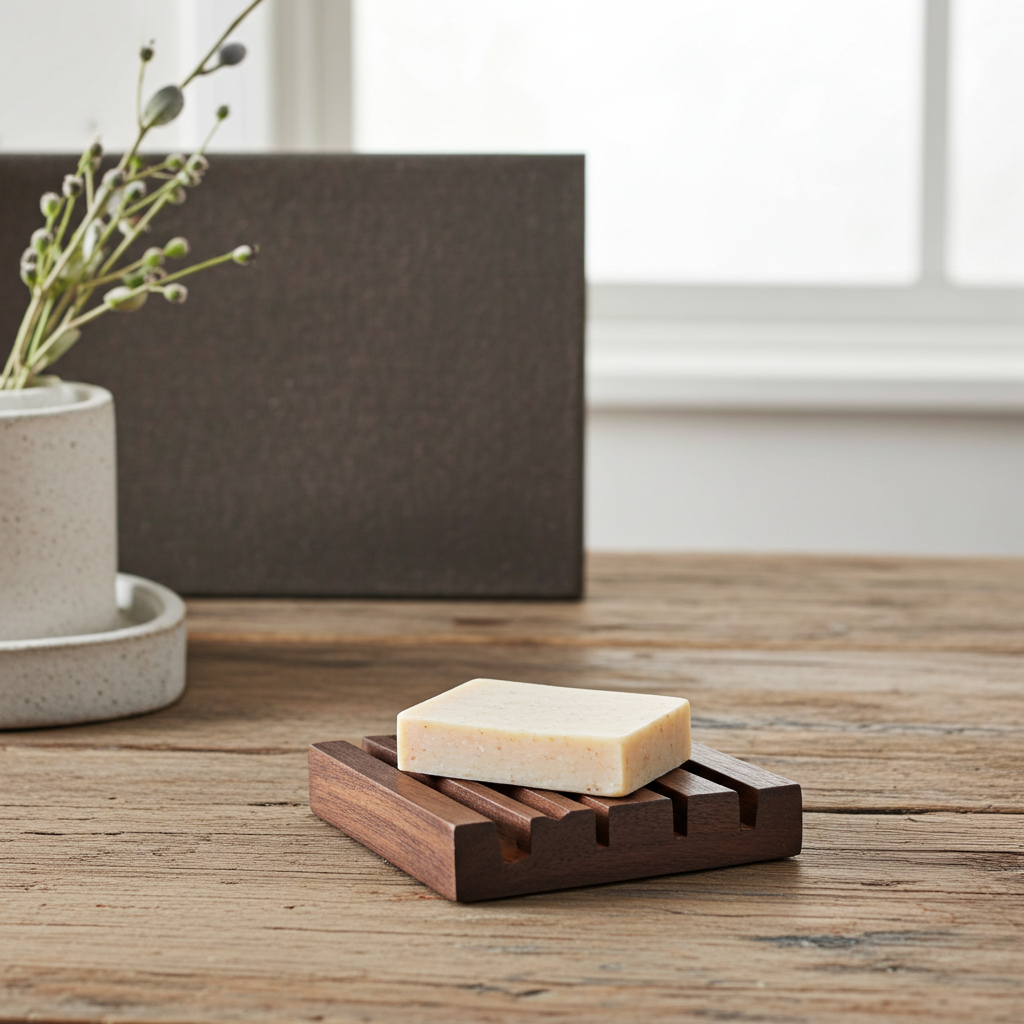 Square Edge Walnut wood soap dish holding a bar of soap on a rustic wooden table beside a minimalist ceramic planter