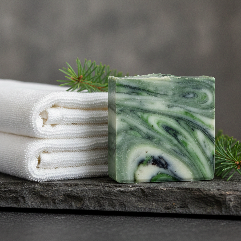 Mountain Air Soap Bar beside folded white towels and evergreen branches on a stone surface.