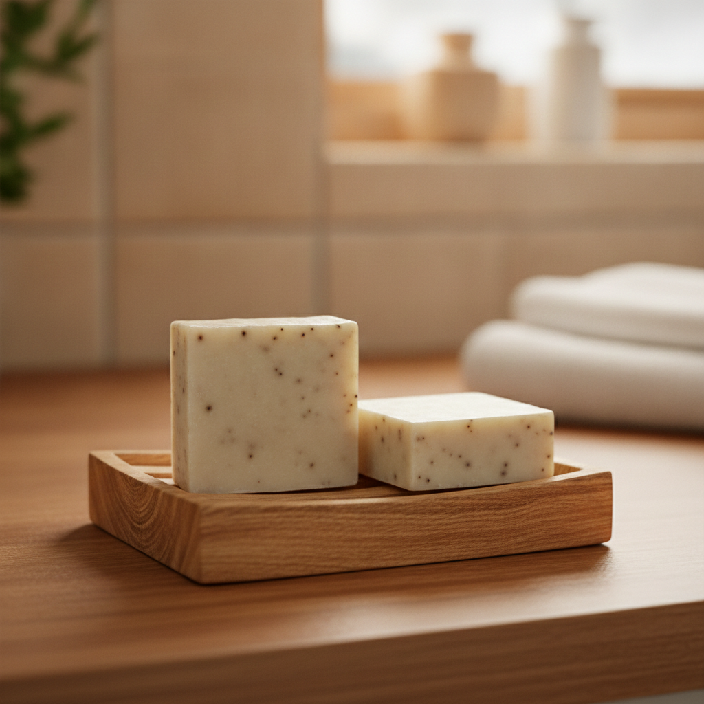 Strong Coffee Soap Bars in a wooden soap dish on a warm bathroom counter with towels in the background.