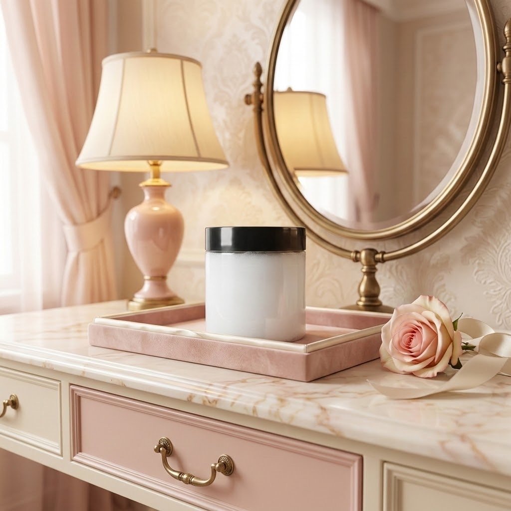 Thick With It body butter on a vanity tray beside a lamp, mirror, and rose.