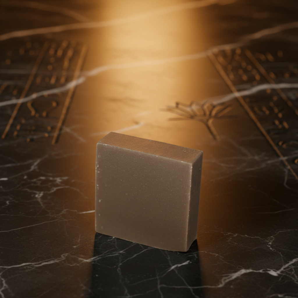 Queen of the Nile soap bar on dark marble in warm golden light with a smooth elegant finish