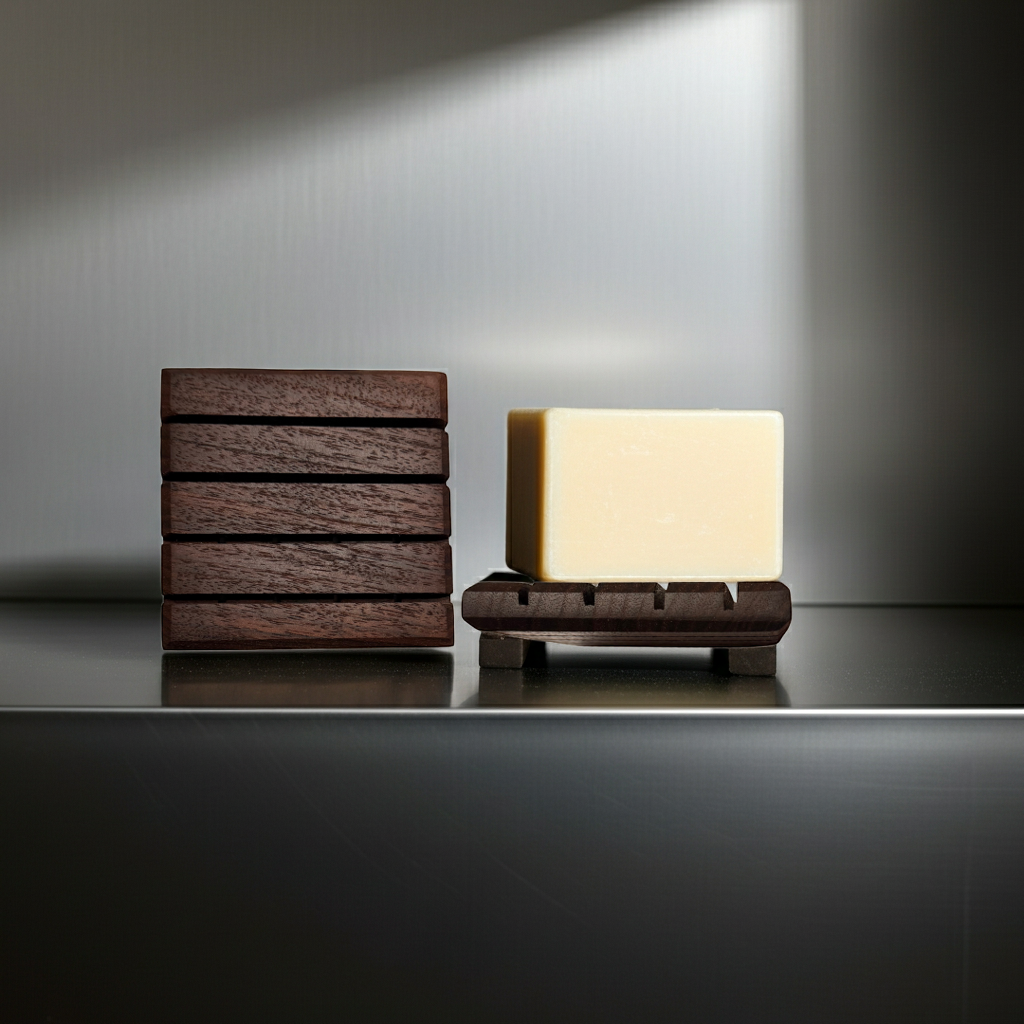 Beveled Edge Walnut wood soap dish standing upright next to a dish holding a bar of soap on a brushed metal counter.