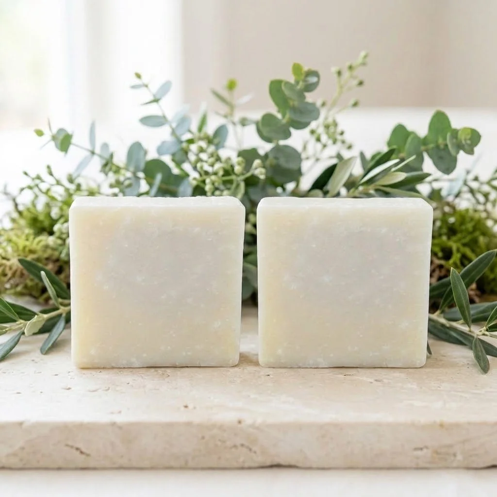 Two Big Sister handmade soap bars displayed on pale stone with fresh green botanical accents.