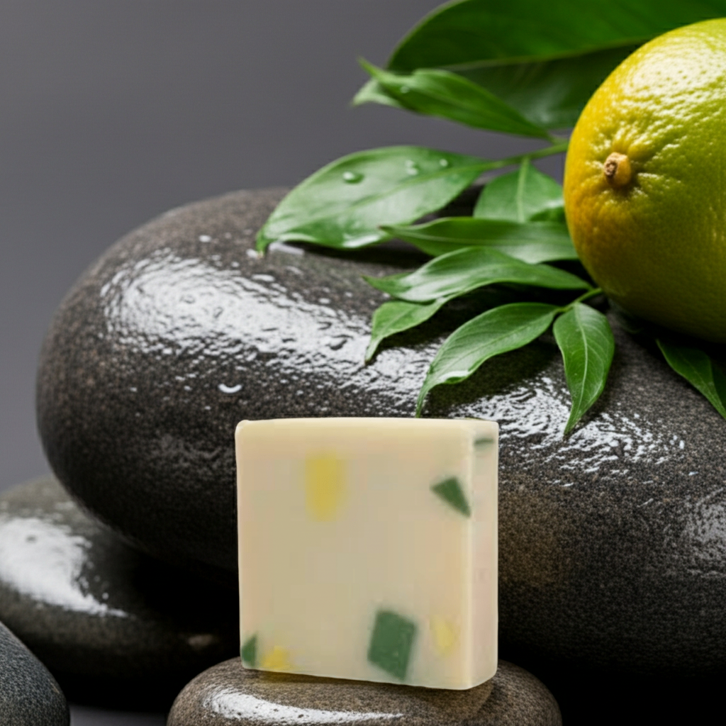 Mercado Verde soap bar styled with citrus and green leaves on black spa stones in a fresh botanical setting