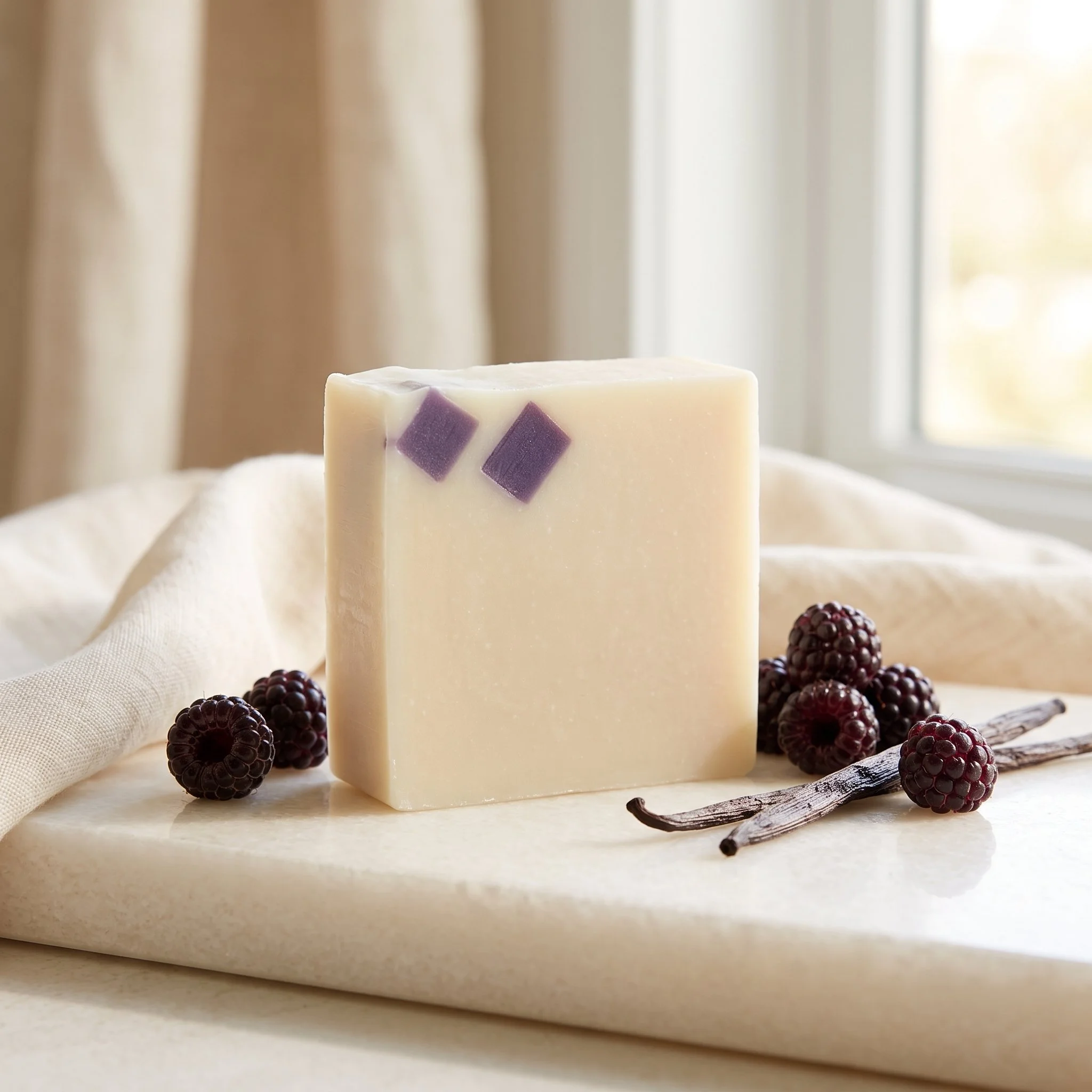 Black Raspberry Vanilla Soap Bar on soft fabric with black raspberries and vanilla beans.