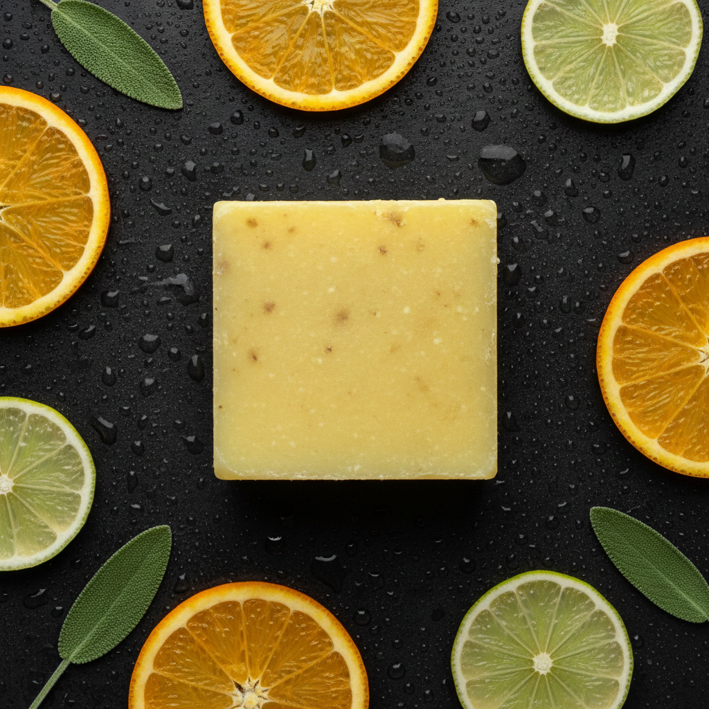 Island Citrus for Men Scrub Soap Bar shown from above with orange slices, lime slices, sage leaves, and water droplets on a dark surface.