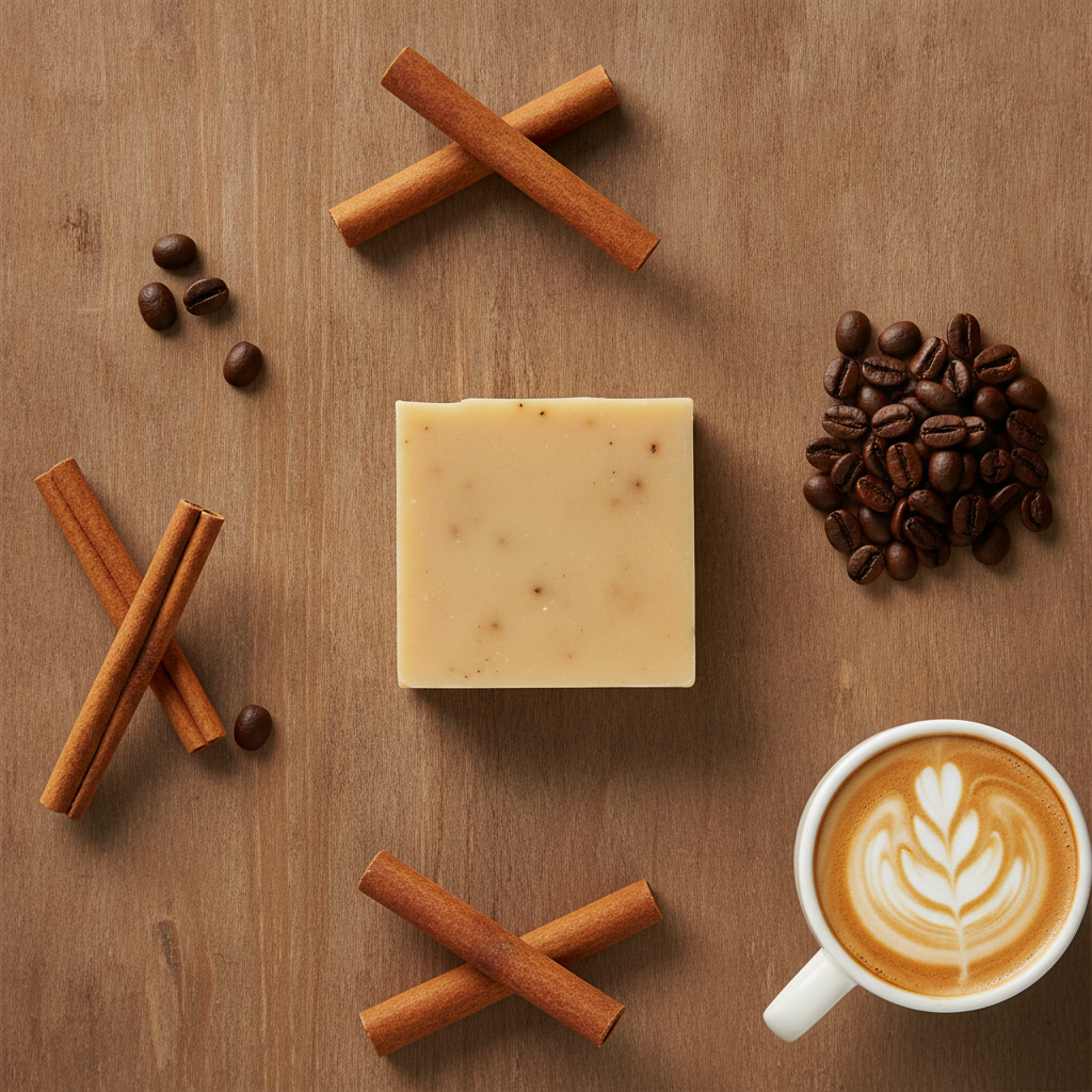 Cinnamon Latte Soap Bar on a wooden surface surrounded by cinnamon sticks, coffee beans, and a latte.