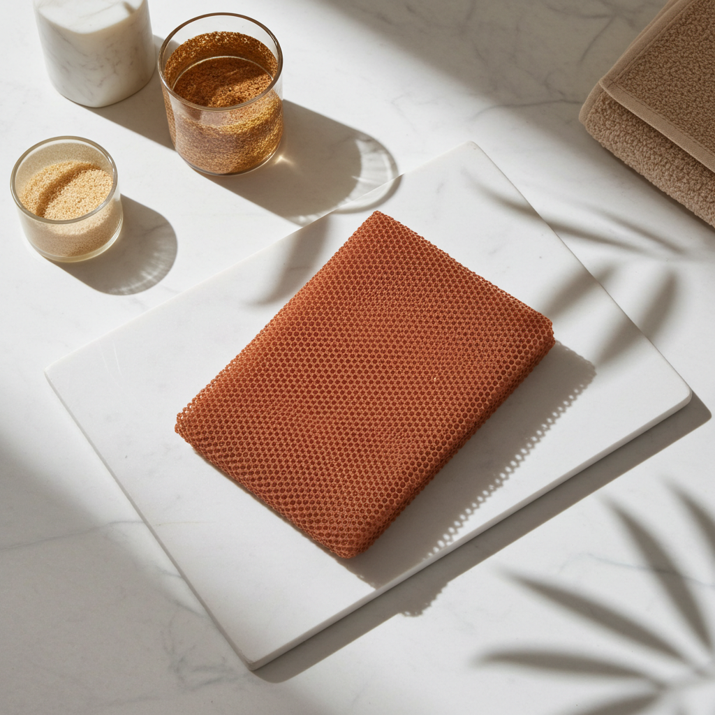 Long Body Scrubber with natural spa accents, highlighting its exfoliating texture and eco-friendly self-care aesthetic.