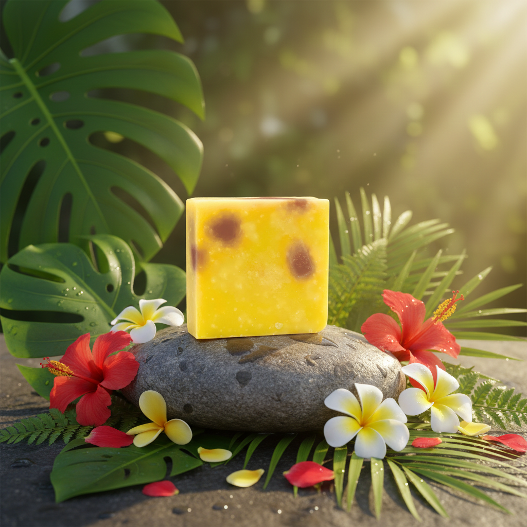 Island Girl Radiance soap bar styled on dark stones with tropical flowers and leafy greenery in warm sunlight